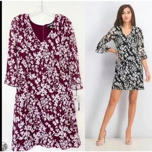 NWT Karl Logerfeld Dress Maroon w/ White Flowers V-Neck Ruffle Lace Size 12